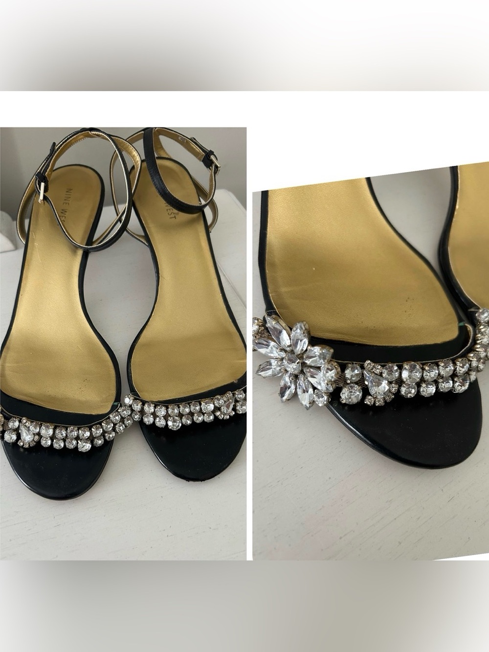 Nine West Black Ankle-Strap Heels with Crystal Flower Accent
